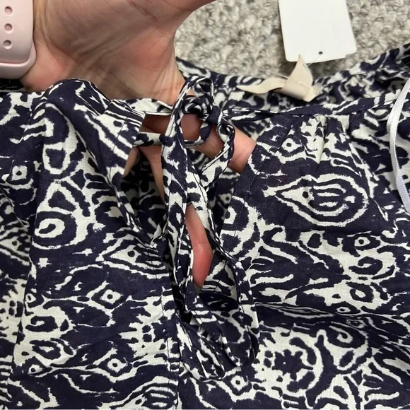 NWT blue white print gauzy cotton balloon sleeve oversized cropped blouse top S - Picture 7 of 13